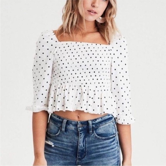 American Eagle Polka Dot Ruffle Crop Top - Picture 1 of 5